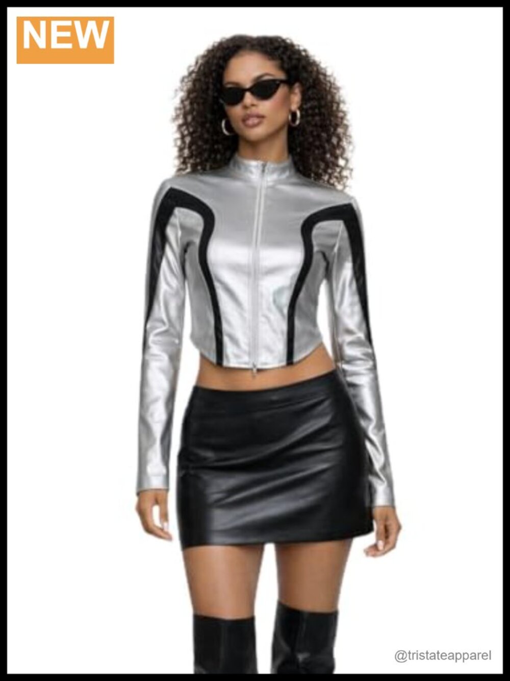 Metallic Faux Leather Crop Jacket Zip Up Fitted Party